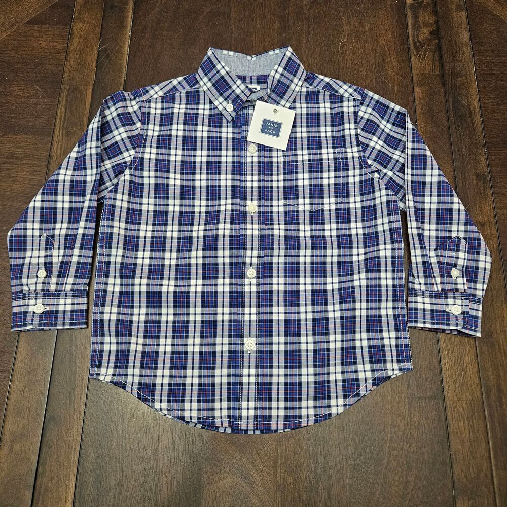 Janie and Jack Button Down Shirt Boys 2T Blue Plaid Check Dress Shirt NEW Formal